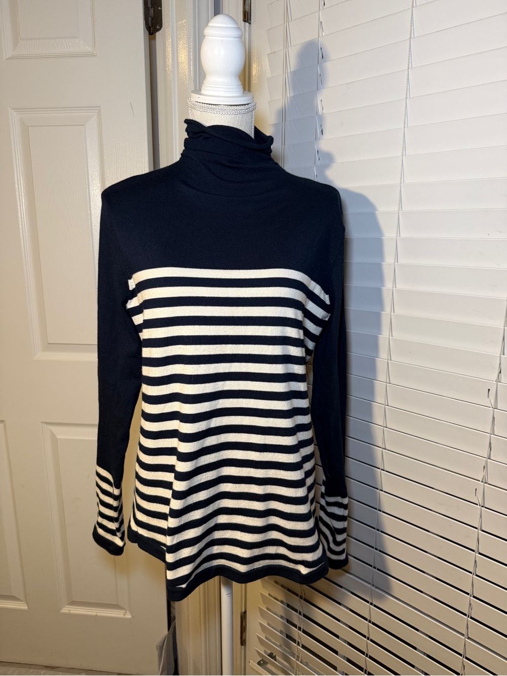 Duluth Trading Co Navy & White Striped Turtleneck Sweater